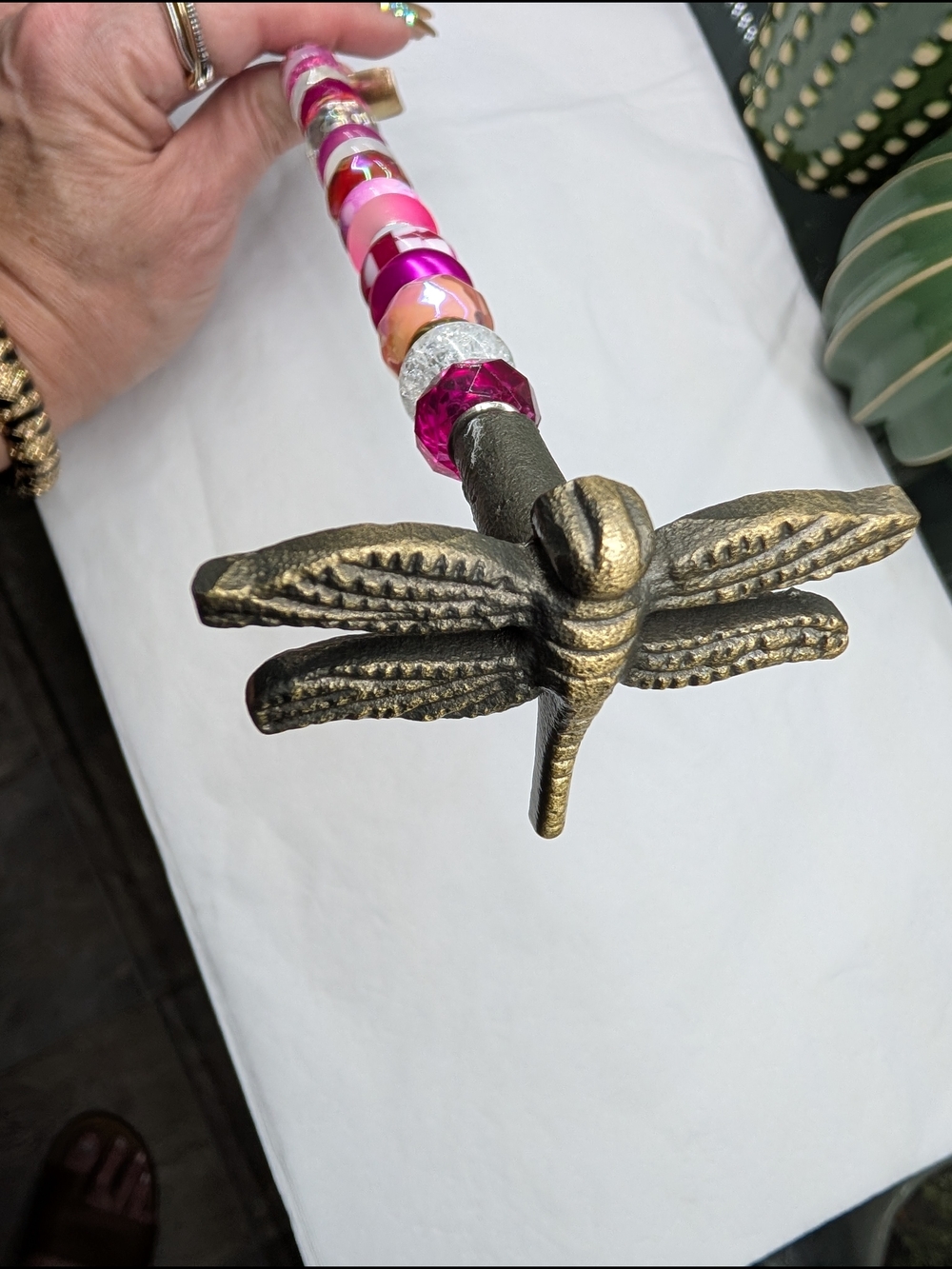 Beaded Fairy Wand/Plant/Garden Stake W/Metal Dragonfly Topper - Picture 2 of 4